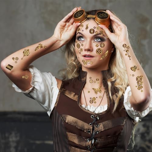 HOWAF Steampunk Temporary Tattoos Steampunk Face Tattoos, Steampunk Accessories Steam Punk Cogs and Gears Fake Tattoos, Halloween Tattoos Halloween Face Tattoo for Steampunk Halloween Costume