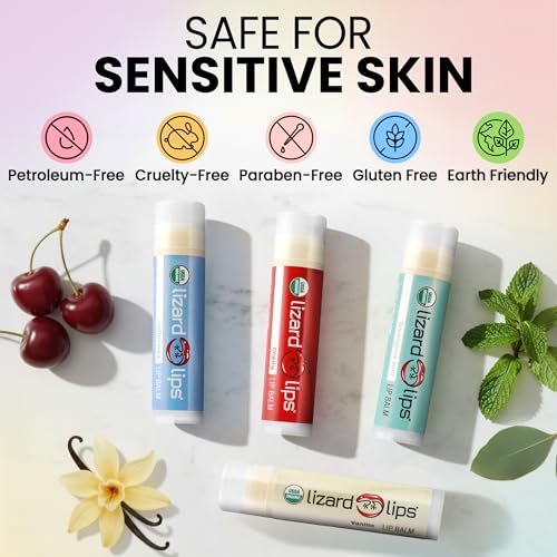 LizardLips Natural Lip Balm Set of 4; USDA Certification Lip Moisturizer; Unflavored, Vanilla, Cherry, Eucalyptus Mint; Travel-Friendly Everyday Care; Fun Quirky Beach Vacation Essentials