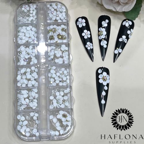 Set 132Pcs White 3D Flowers for Nails, Handmade 3D Acrylic Flowers for Nails, WeddingFlower Nail Charms Rhinestones Gems by Acrylic Powder Design Deco Nail Art Women Girls (Set White Mix 132)