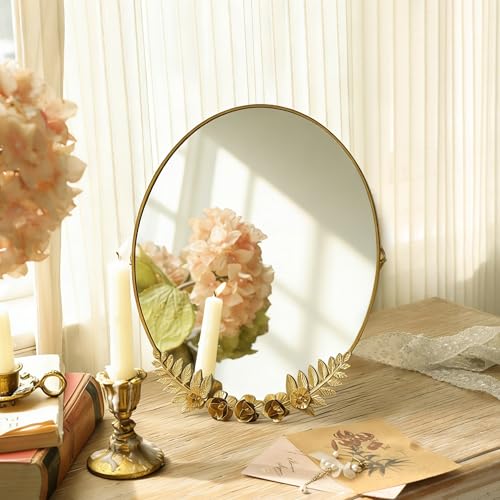 Golden Desk Oval Makeup Mirror with Blossoming Floral Accents ? Lightweight Decorative Tabletop Vanity Mirror for Living Room, Bedroom, 10.04 x 11.81 Inches