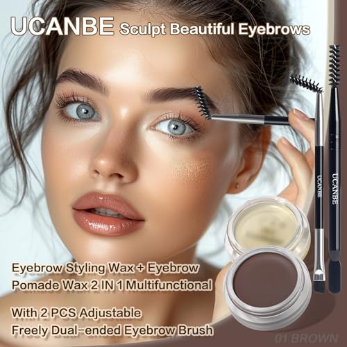 UCANBE Waterproof Eyebrow Gel + Eyebrow Styling Wax 2 in 1 Makeup Kit with 2 Pcs Dual-ended Adjustable Freely Eyebrow Brush Makeup Long Lasting Eyebrows (01 Gel/Brown Pomade, Standard)
