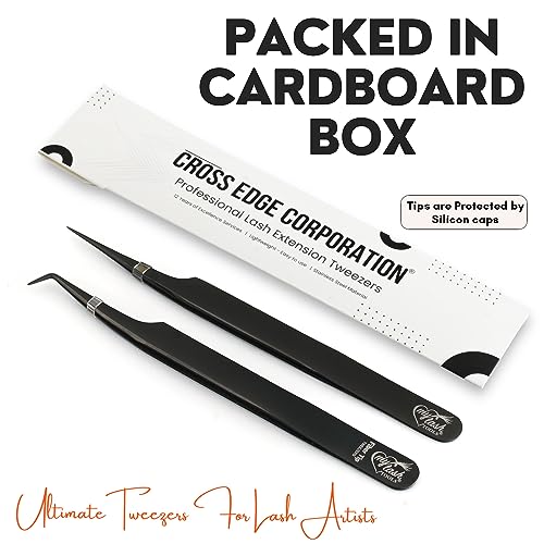 My Lash Tools Fiber Tip Lash Tweezers for Eyelash Extension Curved 90 Degree Angle Boot Tweezer Best for Volume, Individual Isolation & Classic Lashes Stainless Steel Lash Supply (Black 2x Set)