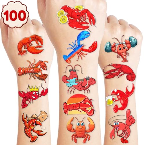 Crawfish Temporary Tattoos Lobster Party Decorations Favors Supplies Seafood Themed Cute Stickers 10 Sheets 100 PCS Gifts for Baby Girls Boys Class School Carnival