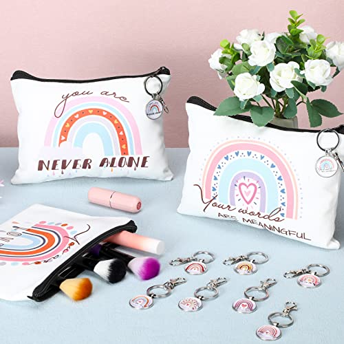 Pinkunn Valentines Rainbow Canvas Cosmetic Bag Bulk Gift for Women with Inspirational Quote Keychains Set 16 Pcs Cosmetic Bags 16 Pcs Keychains You are Amazing Beautiful Kind Travel Pouch Zipper