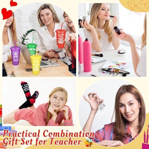 24 Pcs Teacher Appreciation Gift from Students 2026 End of Year Thank You Gifts Bulk 24 oz Plastic Tumbler Cup Makeup Cosmetic Bag Crew Sock Keychain for Retirement