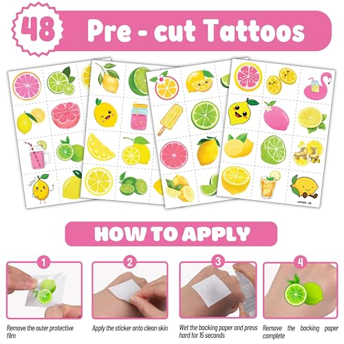 72 PCS Lemonade Party Favors - 48 Temporary Pre-Cut Tattoos & 24 Slap Bracelets - Pink Yellowe Lemon Party Favors for Boys & Girls, Birthday Goodie Bag Fillers, Baby Shower Gifts, Classroom Rewards