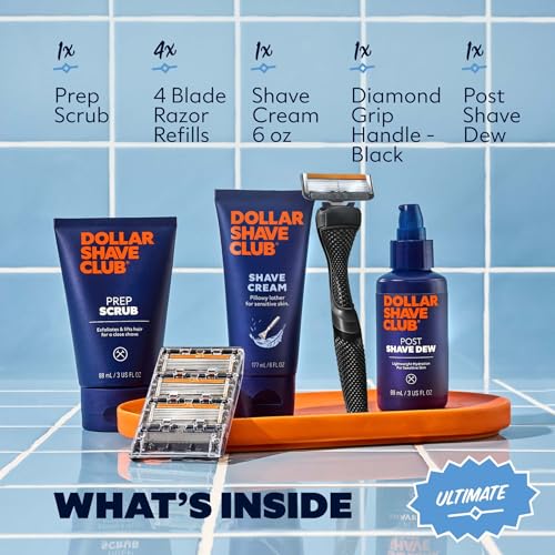 Dollar Shave Club | Ultimate Set | 4 Extra Close Refill Cartridges, 1 Handle, 1 Prep Scrub 3 ounce, 1 Shave Cream 6 ounce, 1 Post Shave Dew 3.4 ounce