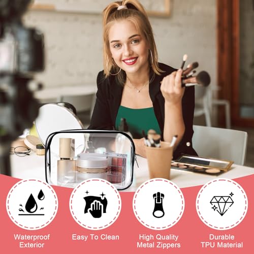 12 PCS Clear Makeup Bags, Clear Toiletry Bags with Zipper, Portable Transparent Toiletry Bags for Travel (Black, Medium)