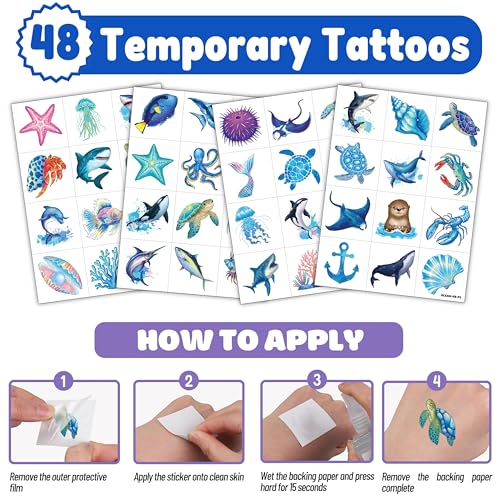 72 PCS Ocean Party Favors for Kids ? 48 Pre-Cut Temporary Tattoos & 24 Ocean Punch Balloons Themed Birthday Party Decorations Supplies Favors Gifts, Goodie Bag Fillers, Classroom Rewards