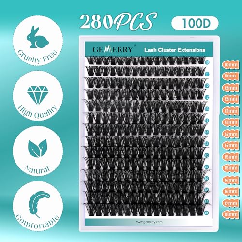 GEMERRY Lash Clusters 280pcs 100D DIY Eyelash Extension D Curl Individual Lash Cluster Natural Eyelash Extension Mixed Tray Reusable Handmade Home Application (100D-0.07D-10-18MIX)