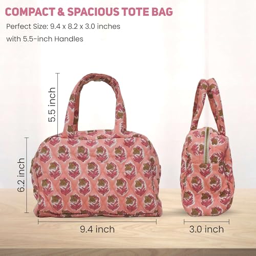 Handmade Cotton Quilted Travel Bag|Floral Hand Block Print Toiletry Bag,Cosmetic Pouch Bag |Floral Cosmetic & Toiletry Pouch for Women|Makeup Bag For Women - (light pink)