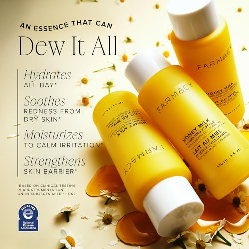 Farmacy Honey Milk Face Essence - Hydrating Milky Toner with Honey, Ceramides + Chamomile - Helps Strengthen Skin Barrier + Replenish Moisture - Soothing + Calming Skincare (120ml)