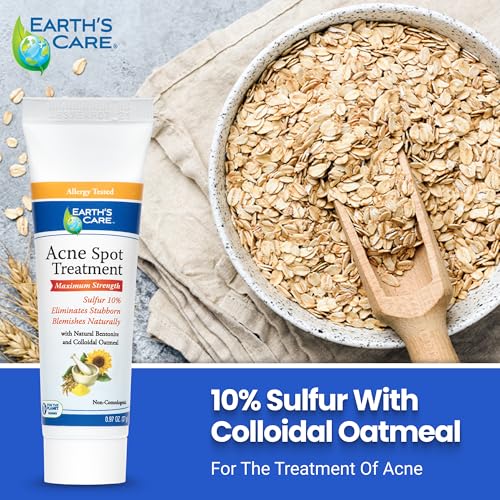 Earth's Care Acne Spot Treatment - 10% Sulfur Cream Medication to Clear Cystic Acne, Pimples and Blackheads on Face and Body (Tube 0.97 OZ)