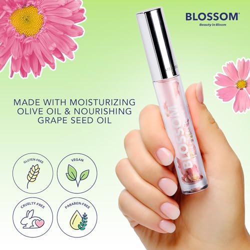 Blossom Lip Gloss & Lip Oil with Olive Oil + Grape Seed Oil, Moisturizing and Hydrating Shimmer Sparkle, Infused with Real Flowers, 3g, Watermelon