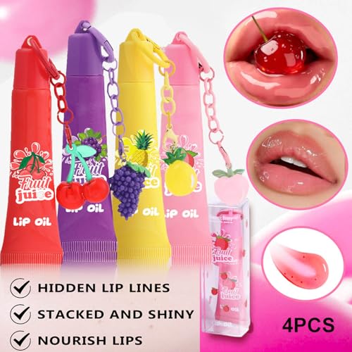 4 Colors Hydrating Lip Gloss Keychain,Glossy Plumping Nude Fruit Flavored Lip Gloss for Girls,High Shine Finish Lip Jelly Liquid Lipstick for Women