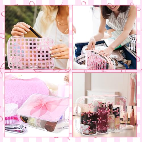 12 Pcs Clear Pink Bow Makeup Bags Bulk for Women PVC Coquette Cosmetic Bag with Zipper Travel Toiletry Pouch Pink Bow Team Gifts for Birthday Coquette Party Favor Storage Accessories
