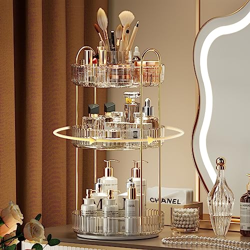 YCIA&DONE Rotating Makeup Organizer for Vanity, Large Capacity Make Up Storage Skin care Shelf Perfume Holders Cosmetic Dresser Organizer Countertop Spinning 360 (White Clear, 3Tiers)