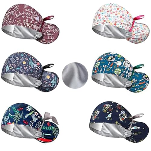 6Pcs Satin Lined Scrub Caps Women, Adjustable Surgical Caps for Women, Nurse Caps for Women Men with Button and Sweatband