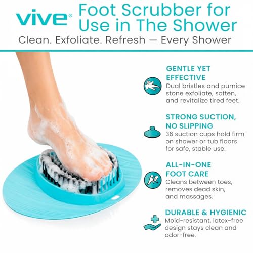 Vive Foot Scrubber for Shower Floor - Feet Cleaner for Dead Skin with Pumice Stone - Massager and Brush Exfoliating - Callus Remover, Improve Circulation and Relieves Pain - Nonslip Suction Cups