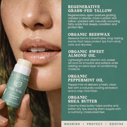 Cloven Tallow Lip Balm, Deep Hydration for Lips, Face & Dry Skin | Natural Grass-Fed, Organic Ingredients, Nourishes & Protects | Peppermint | Made in the USA