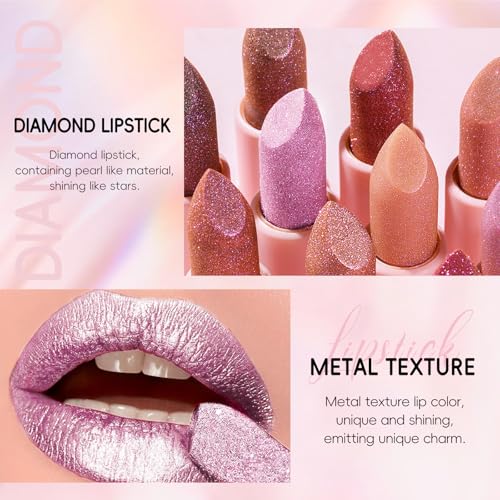 Metallic Pink Frost Glitter Lipstick for Women, Long Lasting High Shine Diamond Creamy Nude Light Pink Lipstick Transfer Proof,Shimmer High Impact Full Coverage Non Stick Cup Lip Makeup#1
