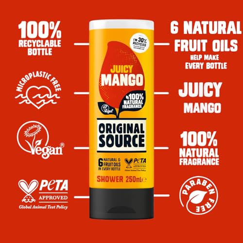 Original Source Mango Shower Gel, 100 Percent Natural Fragrance, Vegan, Cruelty Free, Paraben Free, Bulk Buy, Pack of 6 x 250 ml