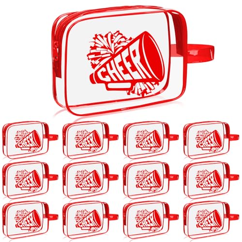 Kacctyen 12 Pcs Cheer Makeup Bag Cheer Gifts Bulk for Team 7 x 5.5 x 1.8 '' Cosmetic Bag with Handle Cheerleader PVC Makeup Case Clear Toiletry Zipper Pouch for Cheerleading Party Supplies, Red