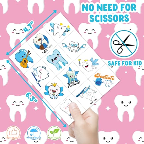 96 PCS Cute First Milk Tooth Dental Dentist Pre-Cut Temporary Tattoos for Kids Birthday Themed Party Supplies Decorations Favors Fairy Teeth Tattoo Stickers Gifts for Baby Girls Boys Rewards