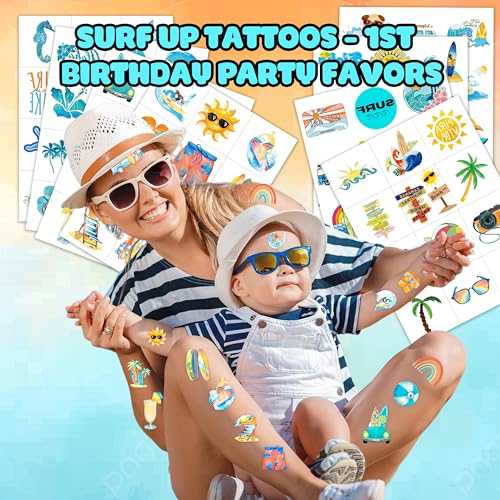 96PCS Surfboard Surf Pre - Cut Temporary Tattoos Stickers Theme Surf Up 1st Birthday Party Decorations for Baby Boy ? for Kids Party Favors, Summer Beach Pool Birthday Supplies, School Rewards