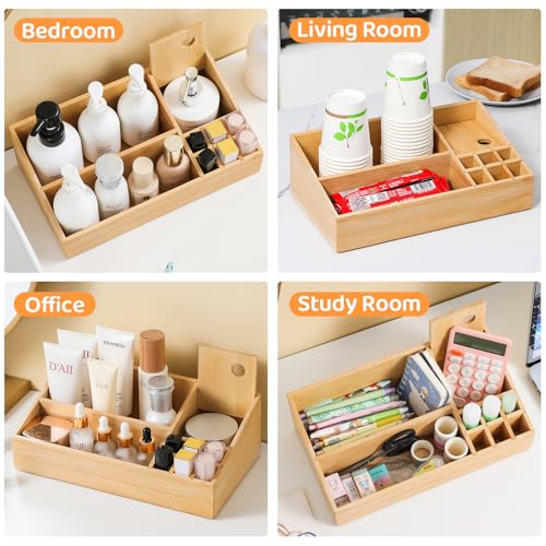 Bamboo Makeup Desk Organizer, Makeup Storage Organization Table Box, Suitable for Desk Organizer and Storage Dressing Table, Bathroom Desk, Counter