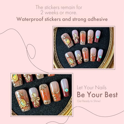 10PCS Autumn Majesty Acrylic UV Gel Press on Nails - 25mm Warm Brown Amber Burgundy Nails with Vintage Gold Details & Gemstone Charms, Luxury Reusable Fake Nails for Women (Multicolor, M)