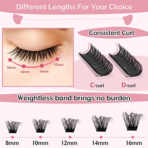 PRO LASHBEAUTY Cluster Lashes Lash Clusters Individual Lashes DIY Eyelash Extension C-8-16mix Thin Band Easy to Apply at home Lashes (Adore, C-8-16mix)