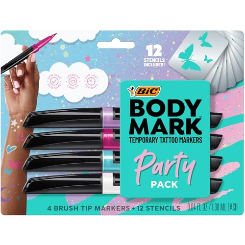 BIC BodyMark Party Pack Temporary Tattoo Marker for Skin, Premium Brush Tip, Gifts for Teens, 4 Count Pack