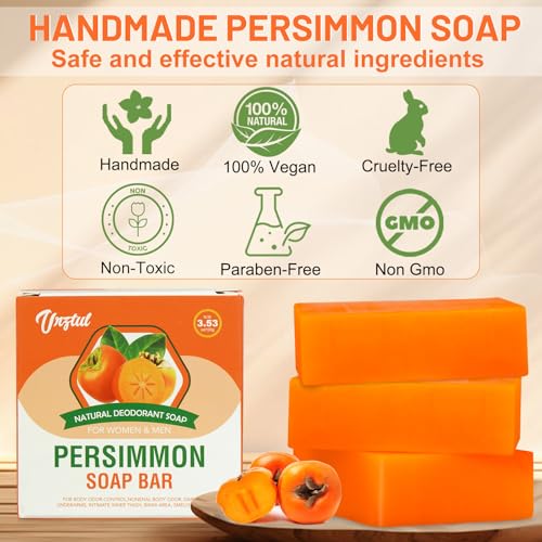 3 PCS Persimmon Soap Bar for Body Odor Control, Natural Deodorizing Soap for Eliminating Strong Smell, Handmade Bar Soap Deodorant Smooth Skin Deeply Cleansing