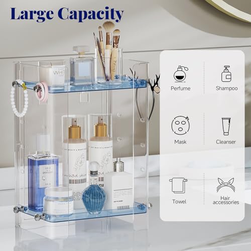 Delamu Bathroom Countertop Organizer, 2 Tier Adjustable Corner Makeup & Skincare Organizer with Protective Guard Rail, Transparent Design for Vanity, Bathroom Counter, Ideal for Girls
