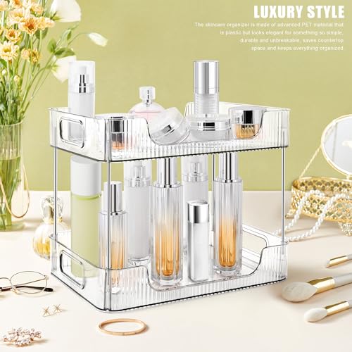 2-Tier Bathroom Counter Organizer Countertop Storage, Dresser Organizer Vanity Tray for Makeup, Perfume Organizer Cosmetics Skincare Shelf- Clear