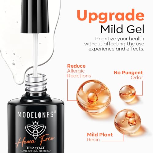 modelones Hema-Free Gel Base and Top Coat Set 2 Pcs & 48W U V LED Nail Lamp, Gooseneck U V Lamp