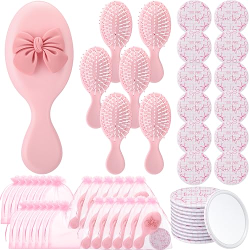 36 Set Coquette Party Favors for Women Pink Bow Coquette Mirrors with Mini Hair Brush and Organza Bag Inspirational Aesthetic Preppy Favors for Slumber Birthday Bow Themed Party Supplie