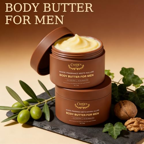 Premium Men's Moisturizing Body Butter - Infused with Natural Shea Butter & Mango Butter - Warm Woody Cologne Scent with Sandalwood Notes - Long Lasting Hydration - 5oz Men's (Sandalwood)