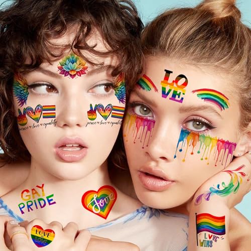 128+ PCS Pride Face Tattoos For Women Men Adults Lovers, Gay LGBTQ LGBT Rainbow Temporary Tattoos Pride Face Stickers, Temp Bulk Fake Tattoos, Rainbow Pride Day Equality Parades Celebrations Festival