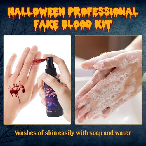 Halloween Fake Blood Sfx Makeup Kit, Special Effects Makeup Kit - Fake Blood Spray 2.03oz ,Dripping Blood 2.03oz, and Coagulated Gel Blood 1.06oz, Safe for Vampire Zombie Monster Cosplay Party Clothes