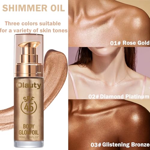Body Shimmer Oil, SPF 45 Broad Spectrum, Sunscreen Shimmer Body Glow Oil with Coconut Oils, Glitter Sunscreen for Body & Face, Body Luminizer Face Highlighters & Luminizers Makeup(Rose Gold, 30ML)