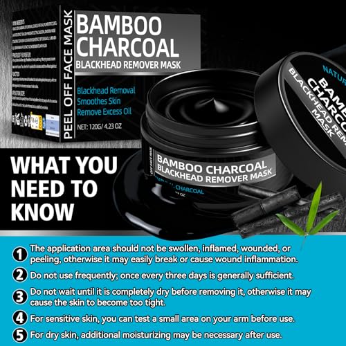 Blackhead Mask Peel off, Nose Blackhead Remover, Charcoal Peel Off Black Mask, Purifying Bamboo Charcoal and Deep Cleansing for All Skin Types, 4.23Oz (120g)