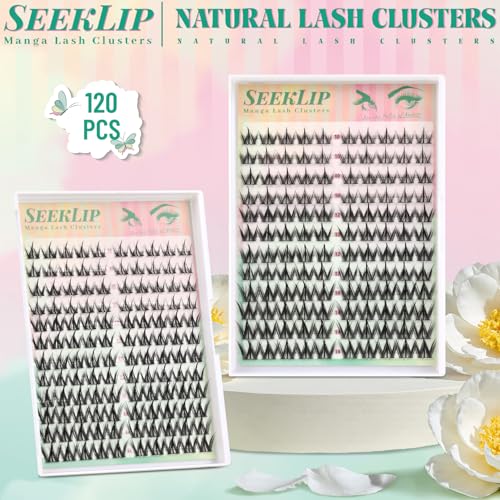 SeekLip Lash Clusters Manga Eyelash Clusters C Curl Spiky Natural Cluster Eyelashes 120PCS Anime Natural Look Cluster Eyelash Extensions for DIY at Home (Pulse C-10-14Mix)