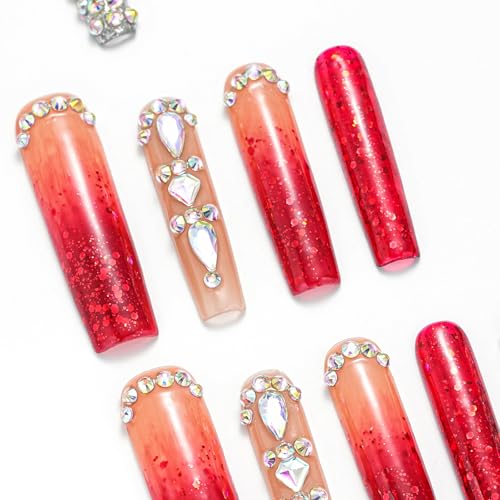Luxury Ombre Red Glitter Gems Handmade Press On Nails,Long Square Glue On Nails,Glitter Full Covered Gems Charming False Nails For Women And Girls,10Pcs/Set With Glue,(Red-M),FOB