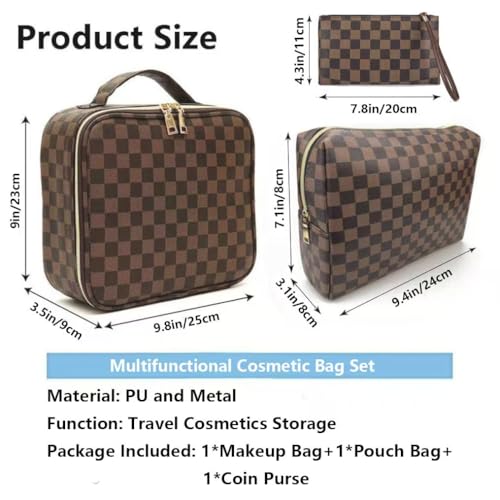 Makeup Bag,3 Pcs Brown Checkered Bags Set,Portable with Adjustable Partition,Large Capacity Pouch for Travel Cosmetic Organizer, Coin Purse, Waterproof, Toiletries,Designer for Gift,Checkered