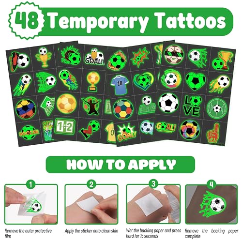 72 PCS Soccer Party Favors ? 48 PCS Luminous Tattoos & 24 PCS LED Finger Lights Combo ? Birthday Goodie Bag Fillers, Party Supplies, Gifts Light Up Toys Glow In The Dark for Boys and Girls