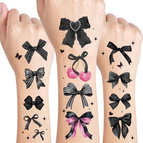JarThenaAMCS 304Pcs Bow Temporary Tattoo Sticker Black Bowknot Cherry Fake Tattoo Coquette Bachelorette Birthday Party Favor for Body Art Decor Game Gift, 8 Sheets
