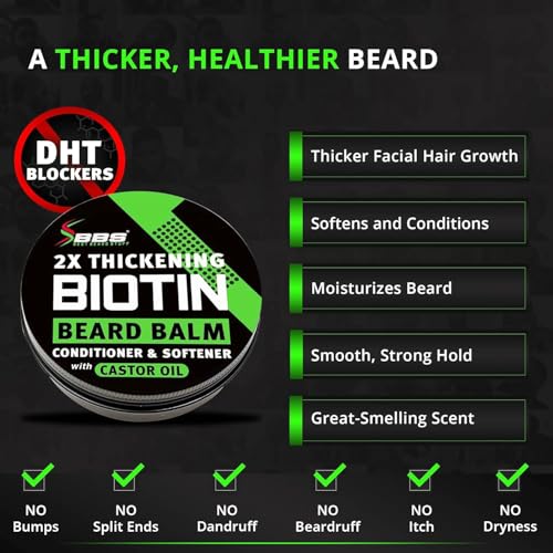 Beard Growth Kit w/ 2X Thickening Biotin Beard Balm & Mustache Wax + 6X Liquid Biotin with Collagen Peptides for Facial Hair Growth - Formulated in America