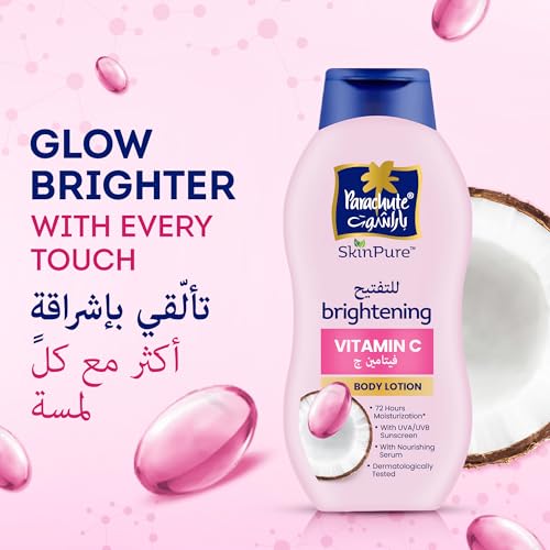 Parachute SKIN PURE BODY LOTION VITAMIN C, UVA/UVB Sunscreen, Blend of Vitamin C and Virgin Coconut Oil for Brightening Skin | 72Hr Moisturization | For Extra Dry Skin | 13.52 Floz